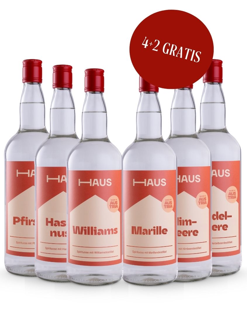 HAUS Schnaps Super-Set 6 × 1,0 l | 33 % Vol. | 4 + 2 GRATIS!