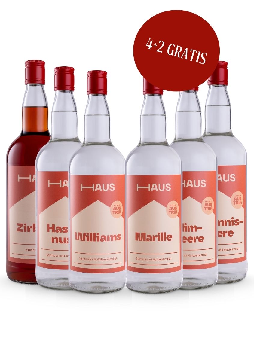 HAUS Schnaps Mega-Set 6 × 1,0 l | 33 % Vol. | 4 + 2 GRATIS! 
