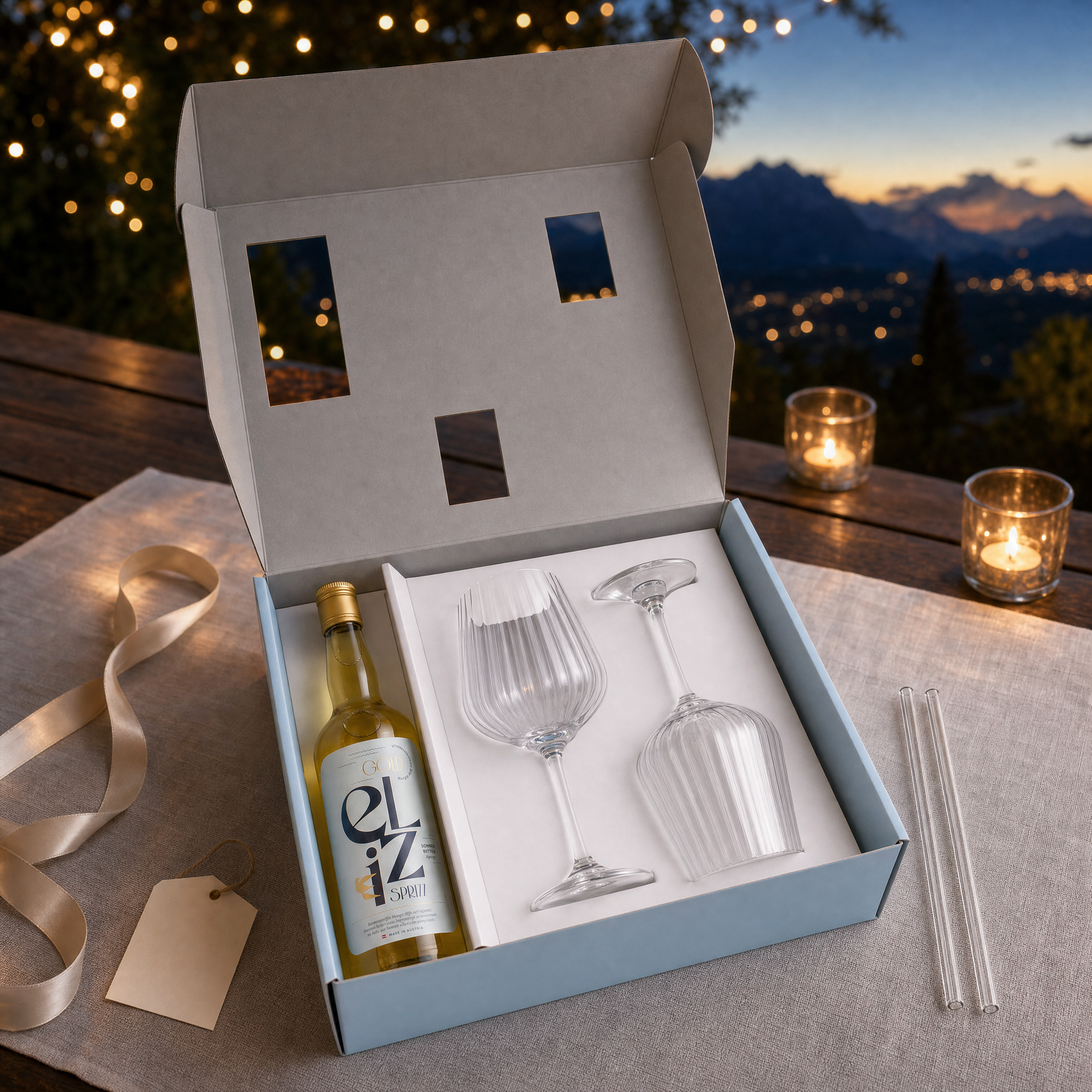 Eliz Sprizz Geschenkset | Mango-Holunderblüte Aperitif Geschenk | 0,7l + 2 Aperitifgläser & 2 Strohhalme