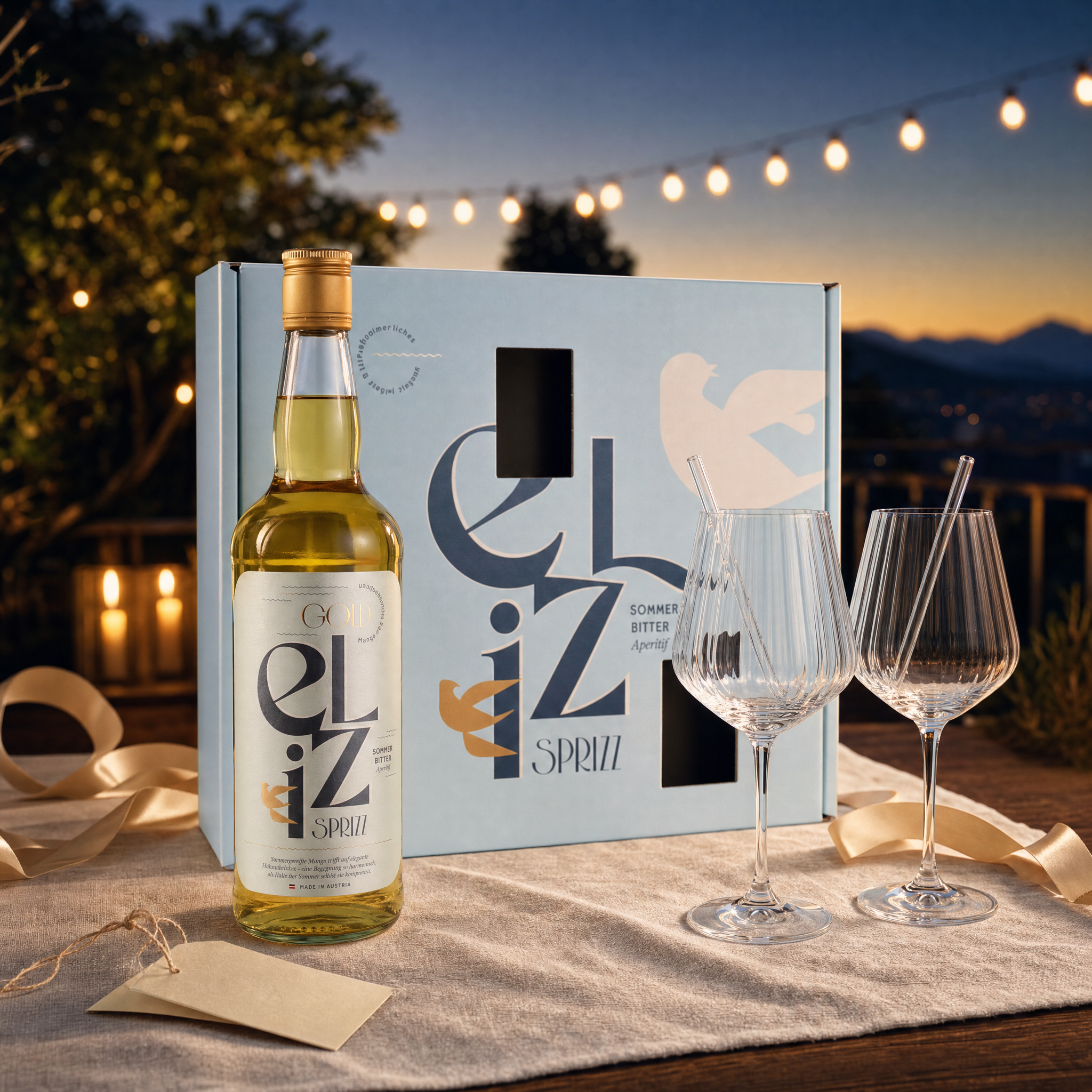 Eliz Sprizz Geschenkset | Mango-Holunderblüte Aperitif Geschenk | 0,7l + 2 Aperitifgläser & 2 Strohhalme